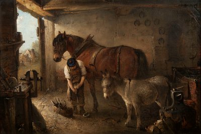 A Farrier Shoeing a Plough Horse, with a Donkey, in a Forge Interior by Edward Robert Smythe